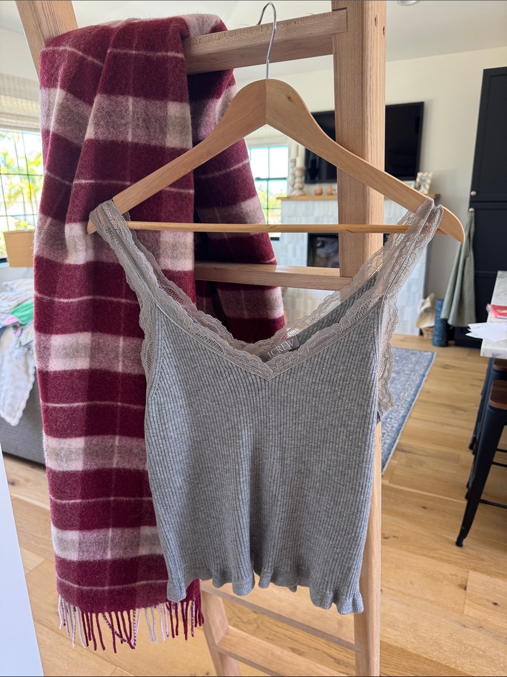 J. Crew Grey Ribbed Lace Trim V-Neck Tank